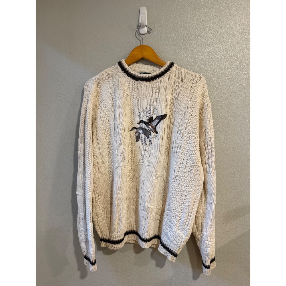 VTG Patrick James Duck Embroidered Knit Sweater Men's Lg Cream Made in USA